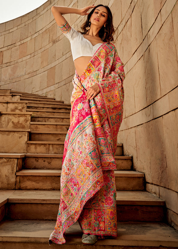 Ivory White Kashmiri Jamawar Silk Saree
