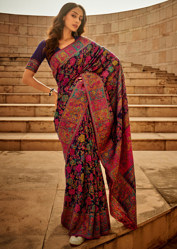 Deep Navy Kashmiri Jamawar Silk Saree