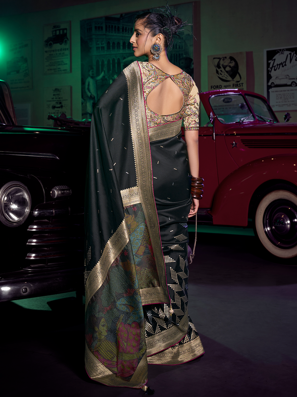 Black Banarasi Satin Silk Saree With Contrast Blouse