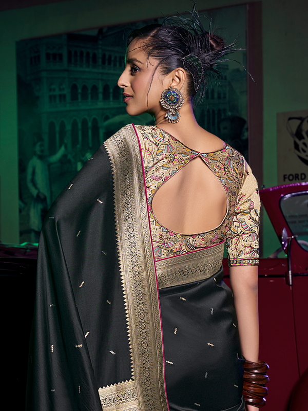 Black Banarasi Satin Silk Saree With Contrast Blouse