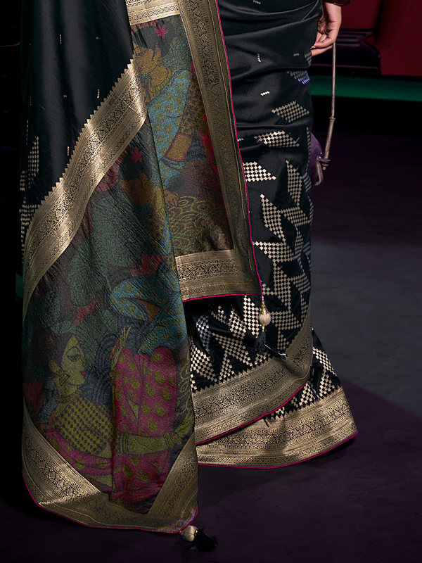 Black Banarasi Satin Silk Saree With Contrast Blouse