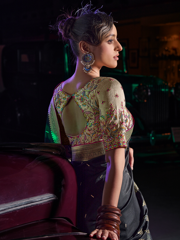 Black Banarasi Satin Silk Saree With Contrast Blouse
