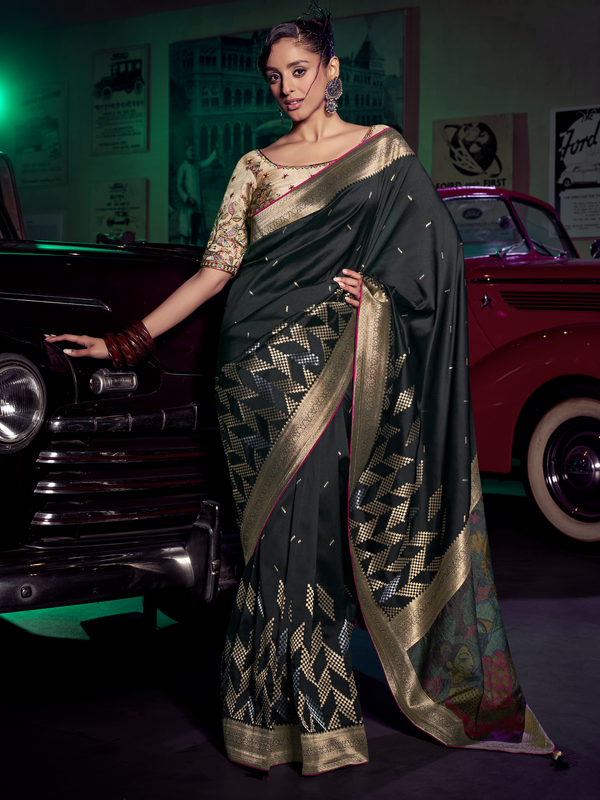 Black Banarasi Satin Silk Saree With Contrast Blouse