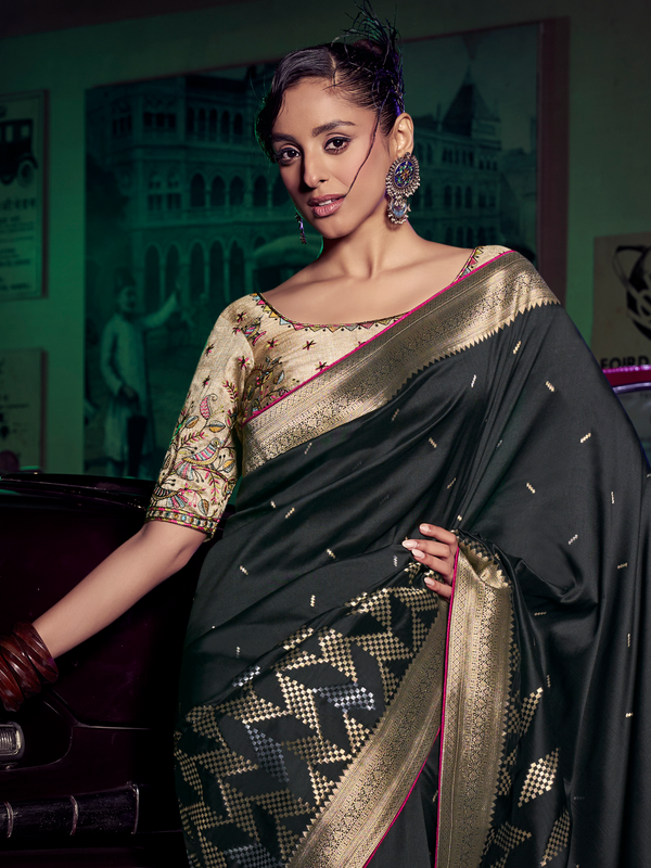 Black Banarasi Satin Silk Saree With Contrast Blouse
