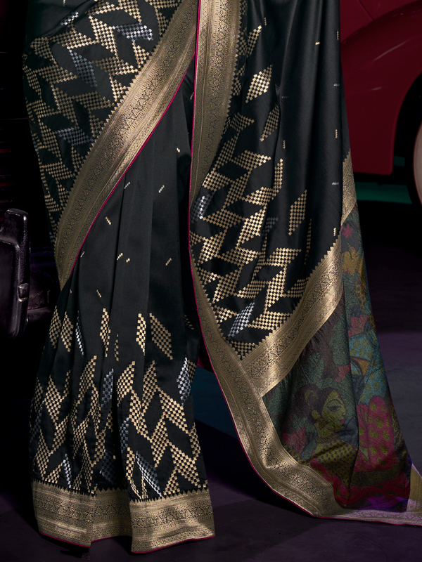 Black Banarasi Satin Silk Saree With Contrast Blouse