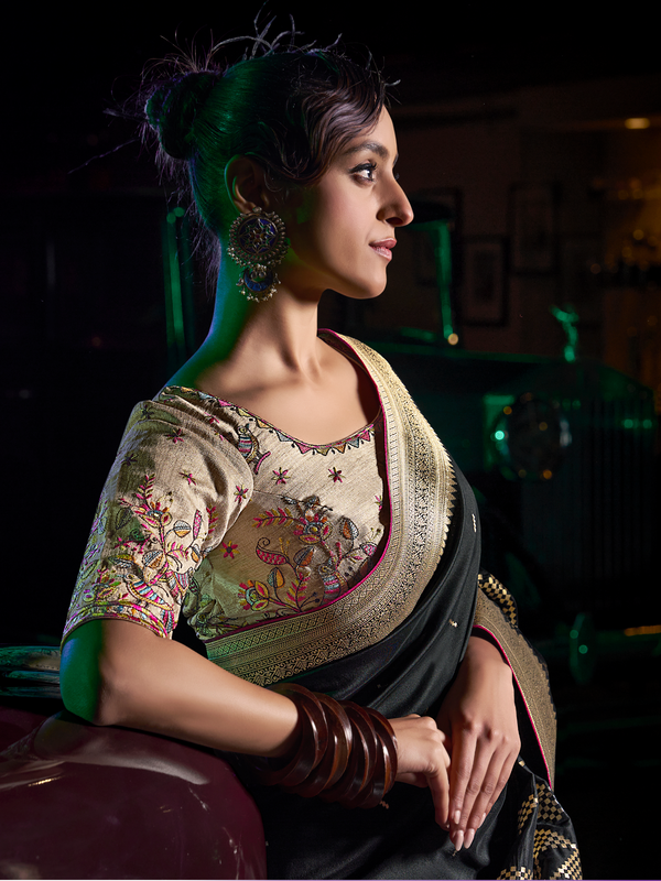 Black Banarasi Satin Silk Saree With Contrast Blouse