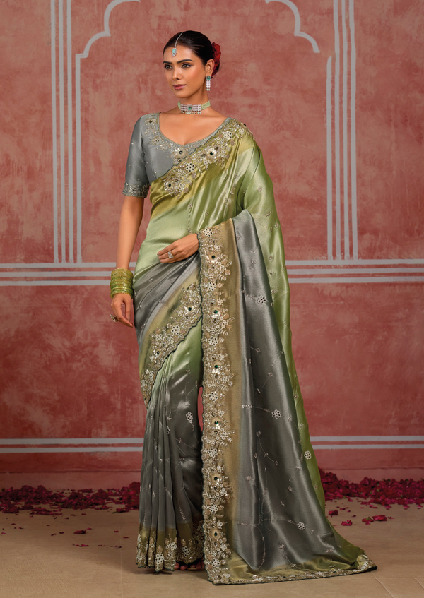 Sage Green Embroidered Designer Tissue Silk Saree