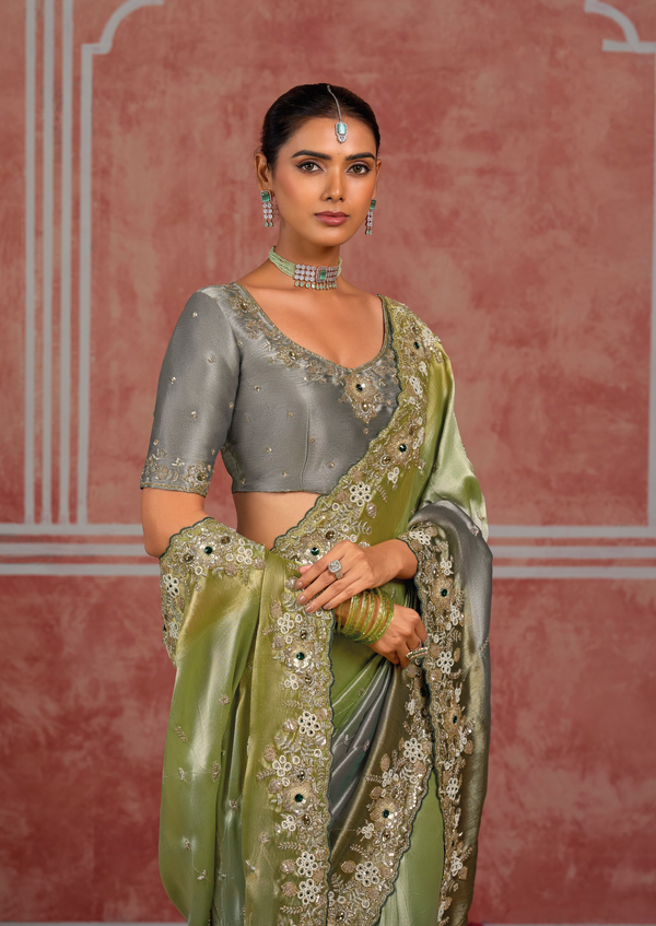 Sage Green Embroidered Designer Tissue Silk Saree