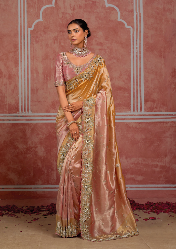 Rose Gold Embroidered Designer Tissue Silk Saree