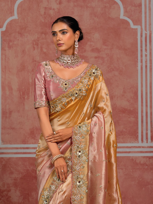 Rose Gold Embroidered Designer Tissue Silk Saree