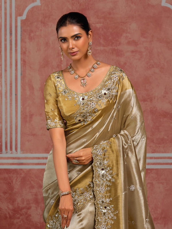 Antique Gold Embroidered Designer Tissue Silk Saree