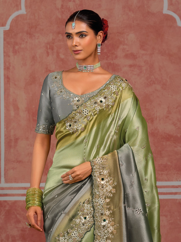 Sage Green Embroidered Designer Tissue Silk Saree