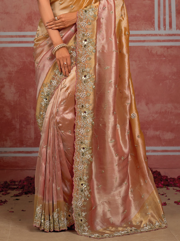 Rose Gold Embroidered Designer Tissue Silk Saree