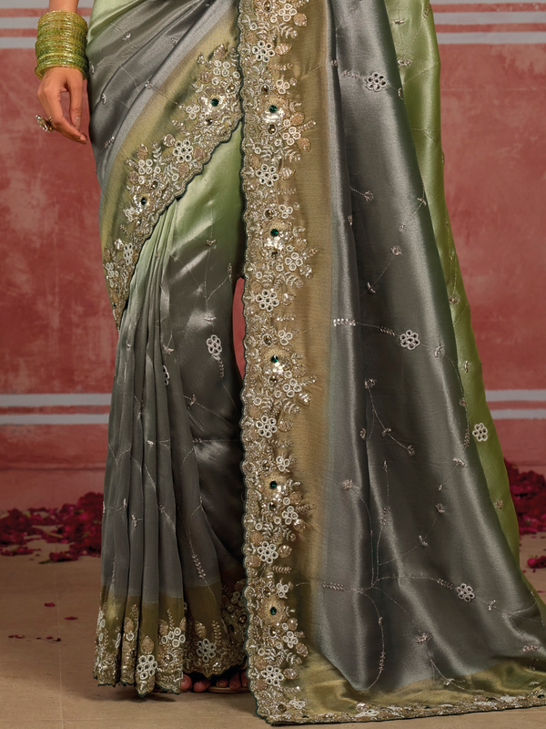Sage Green Embroidered Designer Tissue Silk Saree