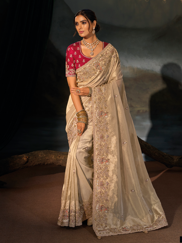 Champagne Embroidered Designer Tissue Silk Saree With Contrast Blouse