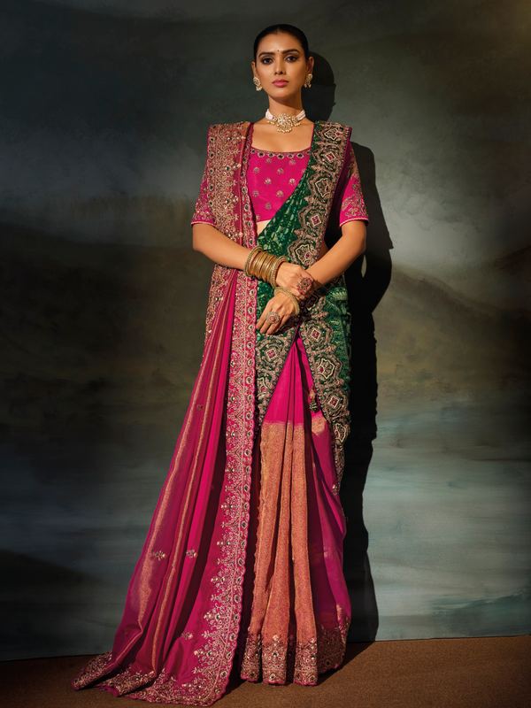 Rani Pink Embroidered Designer Tissue Silk Saree