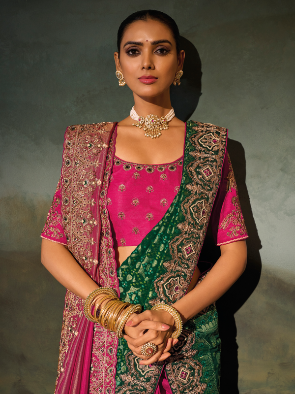 Rani Pink Embroidered Designer Tissue Silk Saree