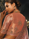 Peach Pink Embroidered Designer Tissue Silk Saree