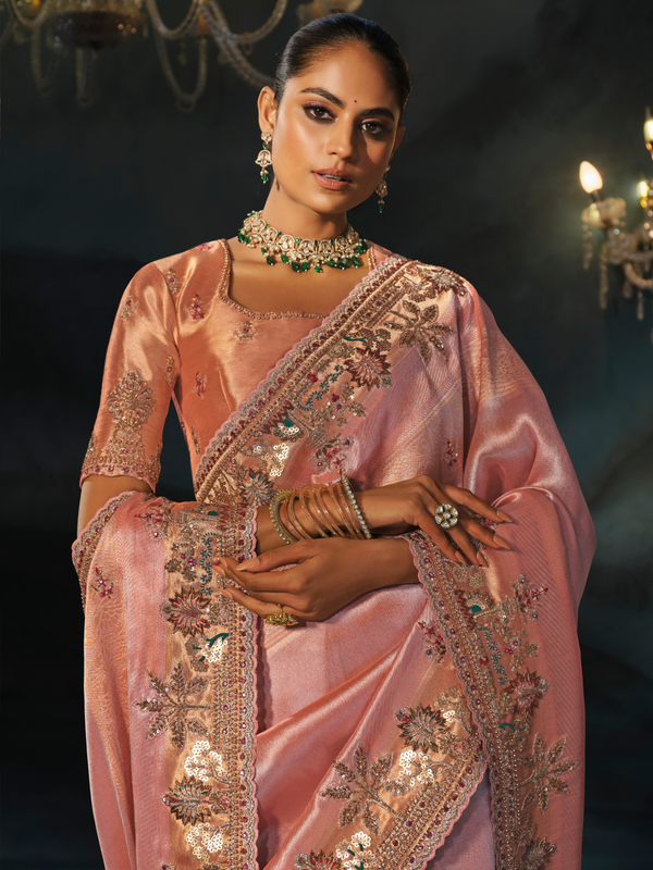 Peach Pink Embroidered Designer Tissue Silk Saree