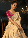 Cream Gold Embroidered Designer Tissue Silk Saree With Contrast Blouse