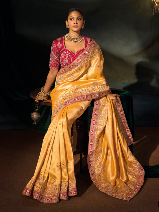 Golden Yellow Embroidered Designer Tissue Silk Saree With Contrast Blouse