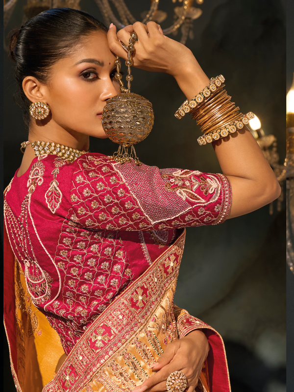 Golden Yellow Embroidered Designer Tissue Silk Saree With Contrast Blouse