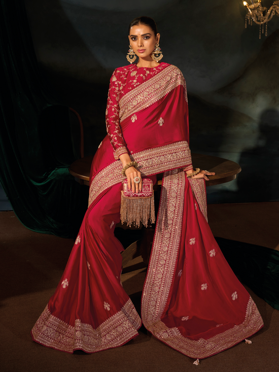 Crimson Red Embroidered Designer Satin Silk Saree