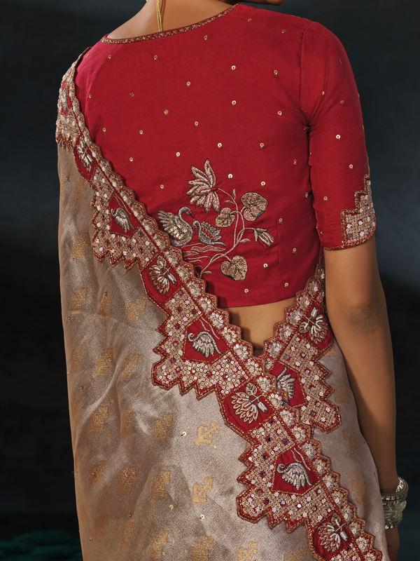 Silver Grey Embroidered Designer Tissue Silk Saree With Contrast Blouse