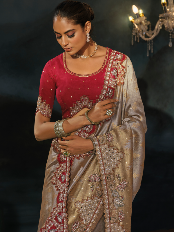 Silver Grey Embroidered Designer Tissue Silk Saree With Contrast Blouse