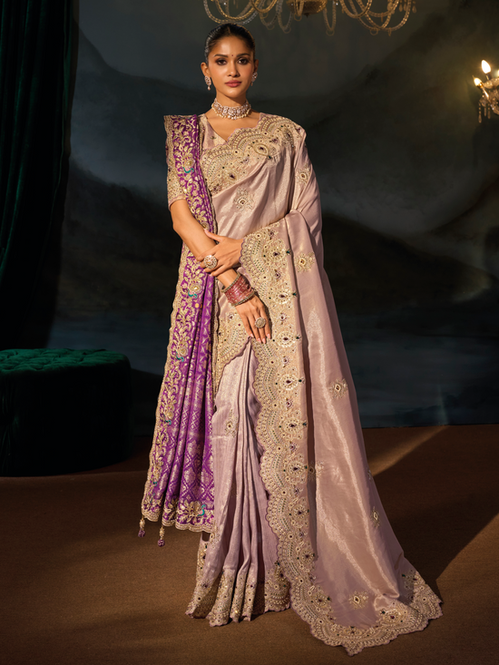Lilac Embroidered Designer Tissue Silk Saree