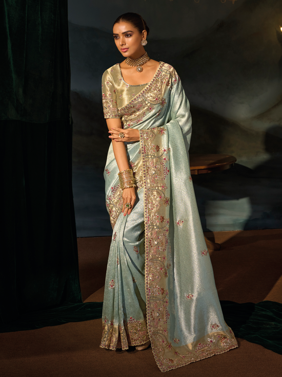 Mint Green Embroidered Designer Tissue Silk Saree With Contrast Blouse