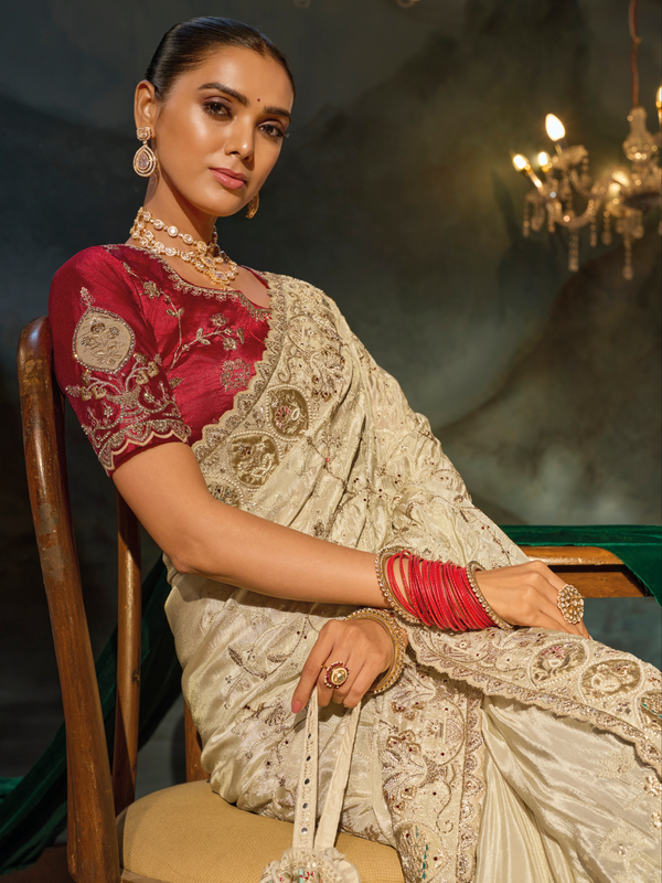 Ivory Embroidered Designer Silk Saree With Contrast Blouse