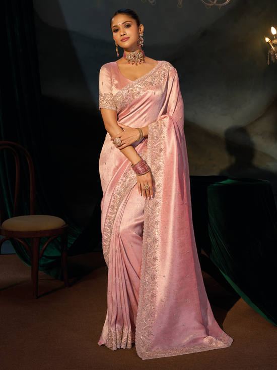 Blush Pink Embroidered Designer Tissue Silk Saree