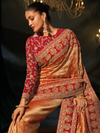 Golden Orange Embroidered Designer Tissue Silk Saree With Contrast Blouse