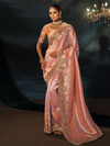 Peach Pink Embroidered Designer Tissue Silk Saree
