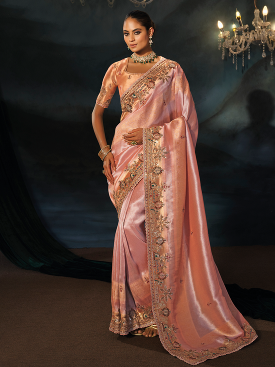 Peach Pink Embroidered Designer Tissue Silk Saree