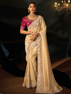Cream Gold Embroidered Designer Tissue Silk Saree With Contrast Blouse