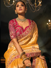 Golden Yellow Embroidered Designer Tissue Silk Saree With Contrast Blouse
