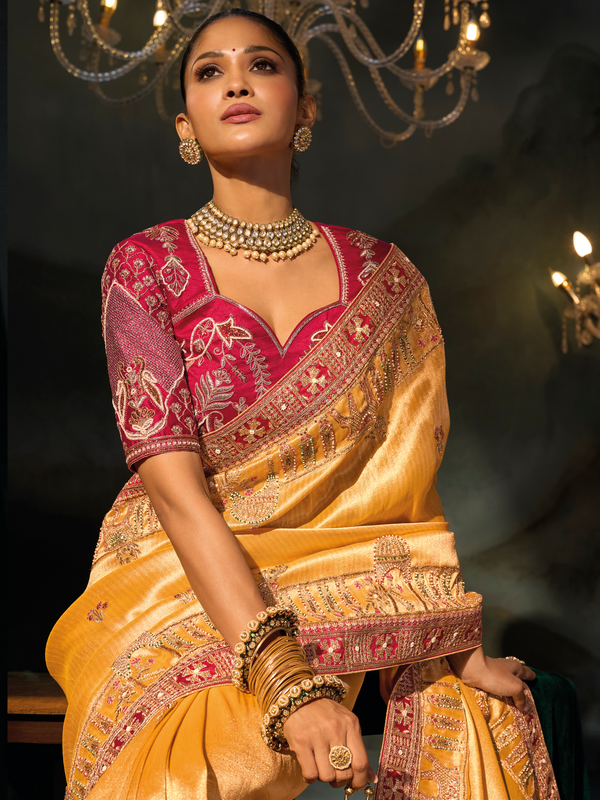 Golden Yellow Embroidered Designer Tissue Silk Saree With Contrast Blouse