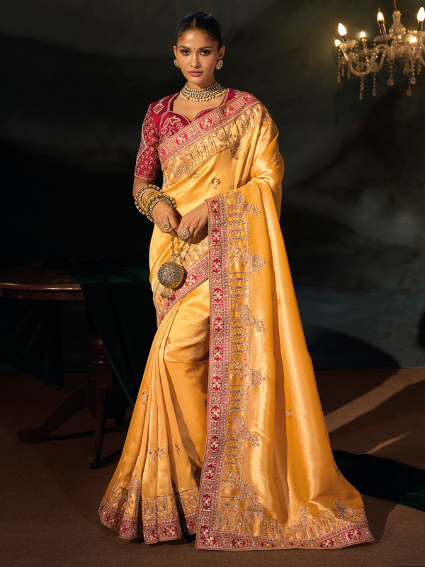 Golden Yellow Embroidered Designer Tissue Silk Saree With Contrast Blouse