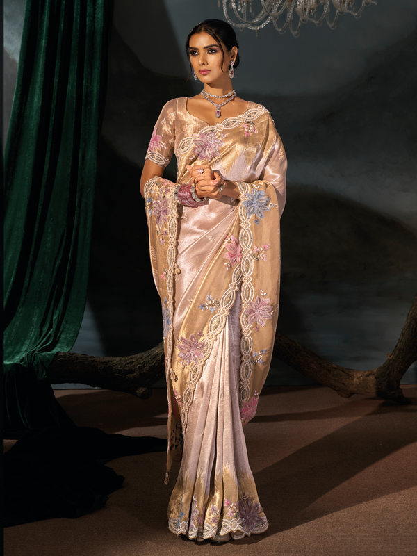 Rose Gold Embroidered Designer Tissue Silk Saree