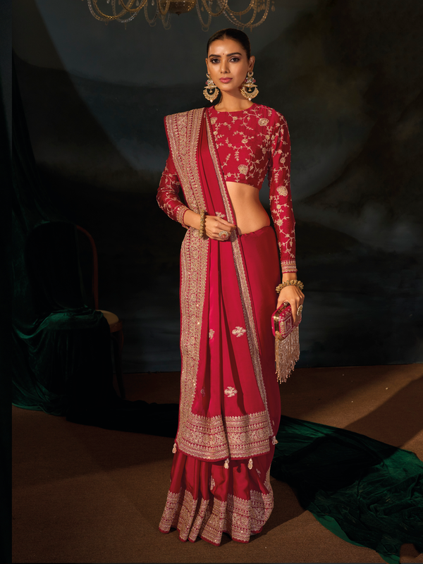 Crimson Red Embroidered Designer Satin Silk Saree