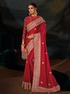 Crimson Red Embroidered Designer Satin Silk Saree