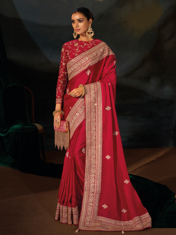 Crimson Red Embroidered Designer Satin Silk Saree