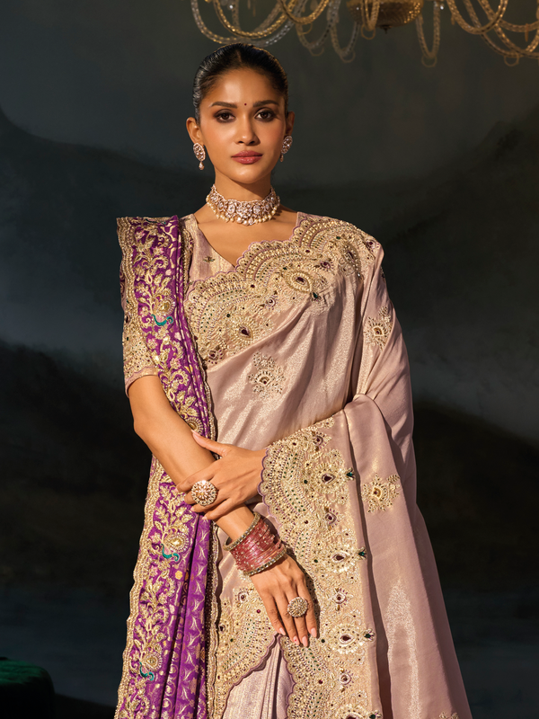 Lilac Embroidered Designer Tissue Silk Saree