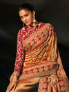 Golden Orange Embroidered Designer Tissue Silk Saree With Contrast Blouse