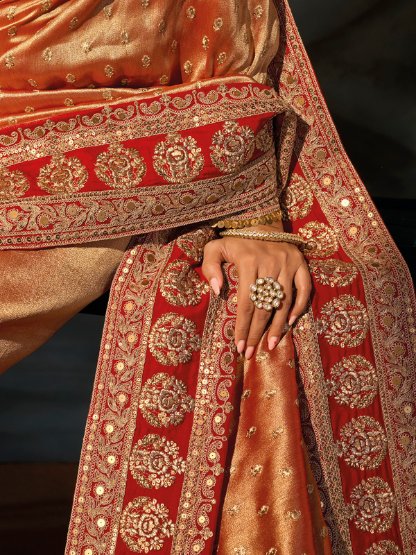 Golden Orange Embroidered Designer Tissue Silk Saree With Contrast Blouse