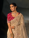 Champagne Embroidered Designer Tissue Silk Saree With Contrast Blouse