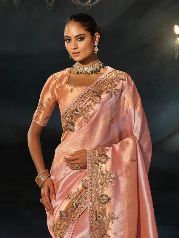 Peach Pink Embroidered Designer Tissue Silk Saree