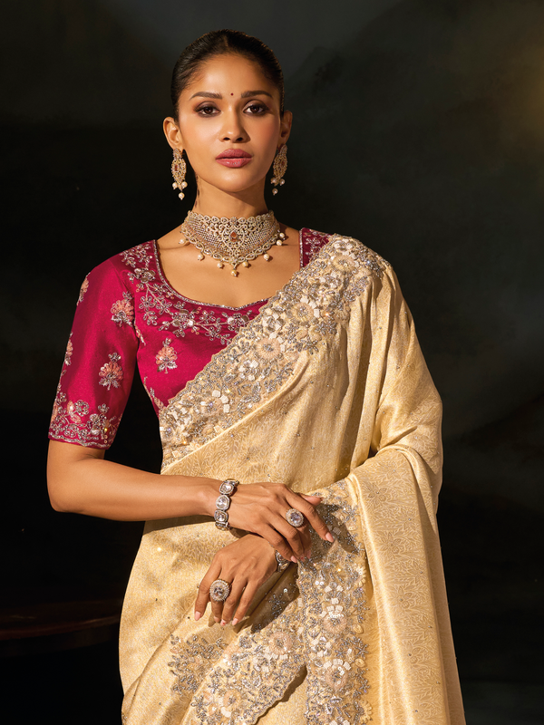 Cream Gold Embroidered Designer Tissue Silk Saree With Contrast Blouse
